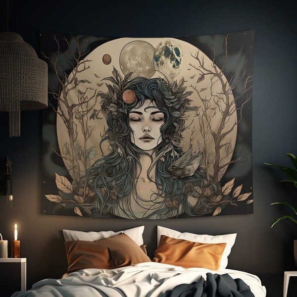 Lunar Goddess Wall Tapestry: Witchy Occult Aesthetic, Water-resistant, Multiple Sizes (36x26in - 104x88in), Witch Wall Art, Altar Cloth