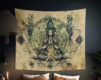 Nature Goddess Indoor Wall Tapestry, Mysterious Occult Design, Sacred Geometry Aesthetic Enchanting Bedroom, Living, and Dorm Room Decor