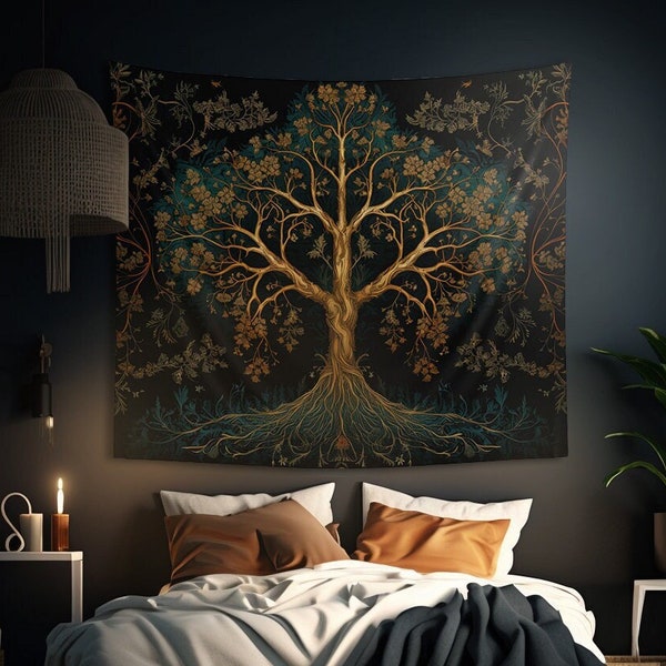Alchemical Tree of Life Wall Tapestry: Tarot Card Aesthetic, Multiple Sizes (36x26in - 104x88in), Nature Wall Art, Decorative Altar Cloth