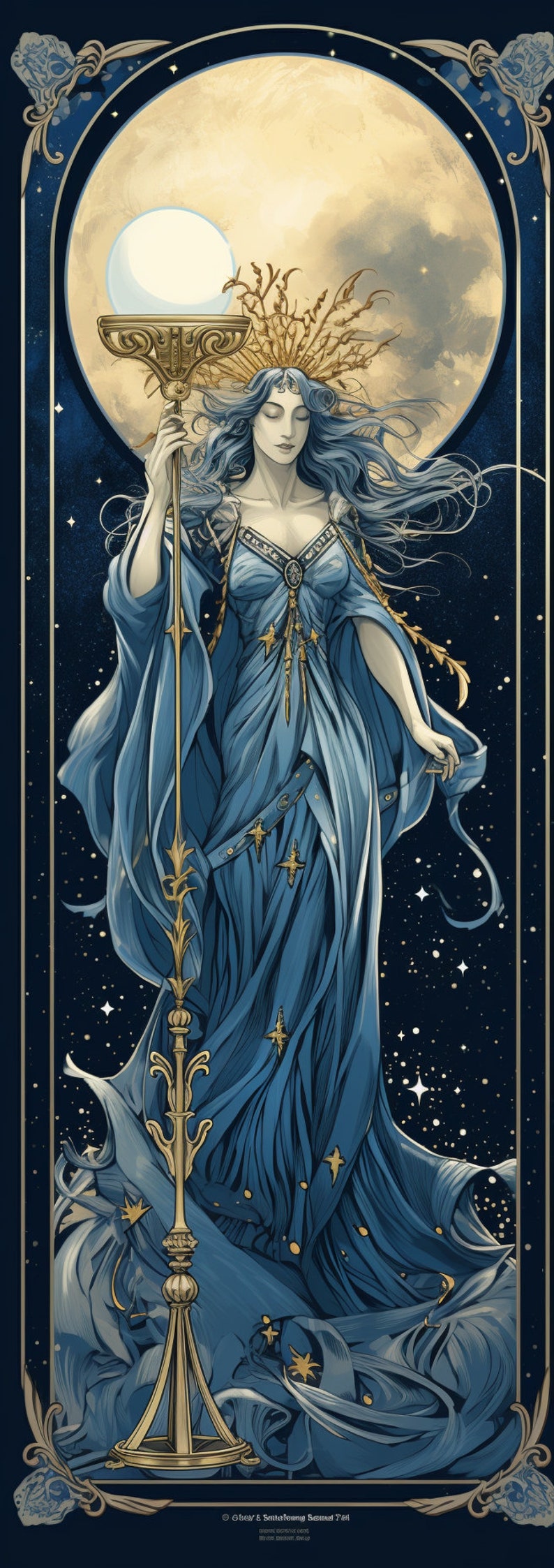 Puede incluir: Una ilustraci&oacute;n vertical que muestra una figura de largo cabello azul con un vestido azul fluido, sosteniendo un bast&oacute;n dorado alto rematado con un orbe brillante. El fondo presenta una gran luna llena sobre un cielo estrellado azul oscuro.