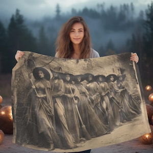 Sisterhood of the Broom Double-Sided Throw Blanket - Sepia Vintage Witches with Brooms, Cozy Witchcore Blanket for Boho or Gothic Decor