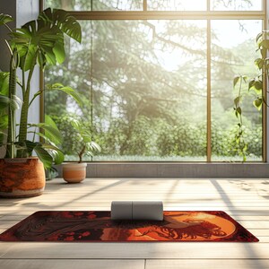 May include: A red, orange, and black yoga mat with a stylized illustration of a woman with long flowing hair. The mat is rolled up and placed on a wooden floor in front of a window.