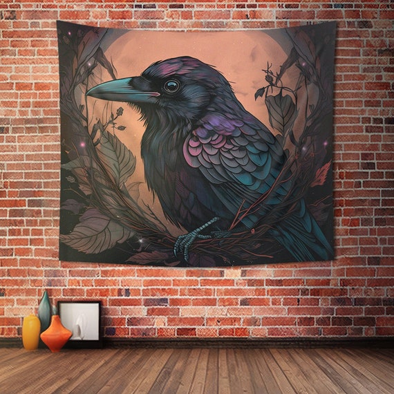 Witchy Crow Tapestry Occult Style Wall Art Moon Aesthetic Wall
