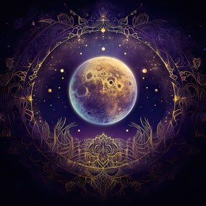 May include: A full moon with a golden glow surrounded by a detailed, intricate, gold mandala design against a dark purple and blue starry night sky.