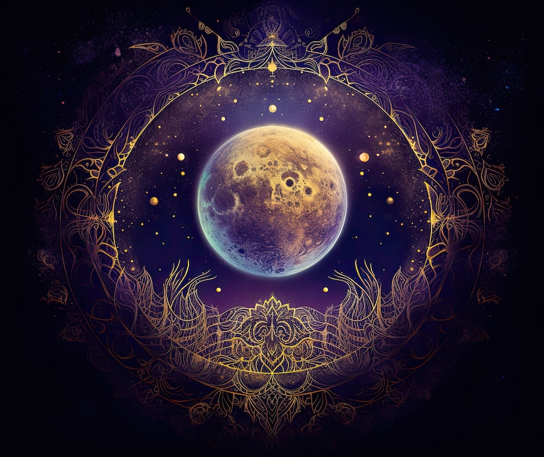 May include: A full moon with a golden glow surrounded by a detailed, intricate, gold mandala design against a dark purple and blue starry night sky.