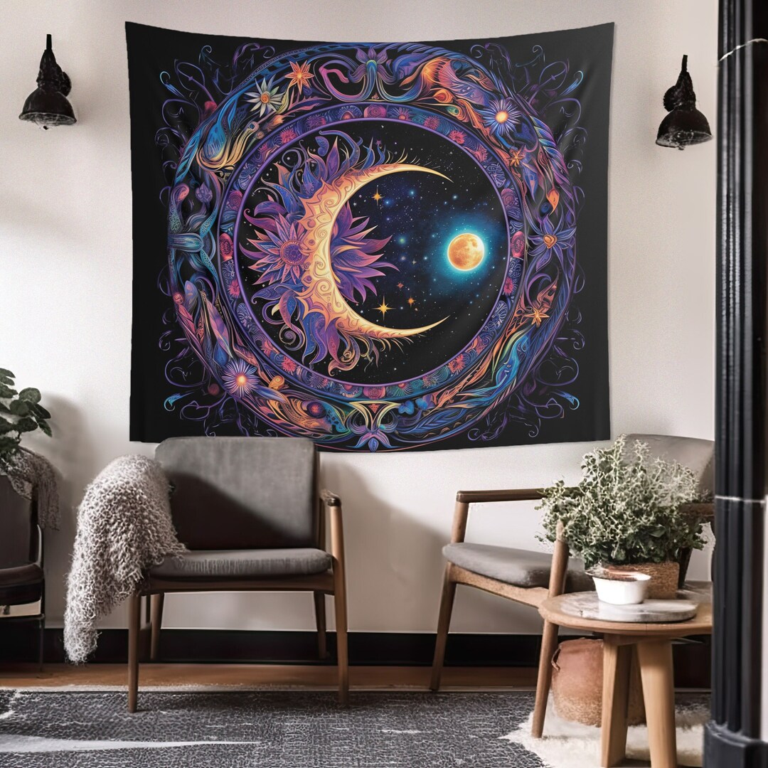 Crescent Moon Electric Mandala Wall Tapestry Celestial Aesthetic ...