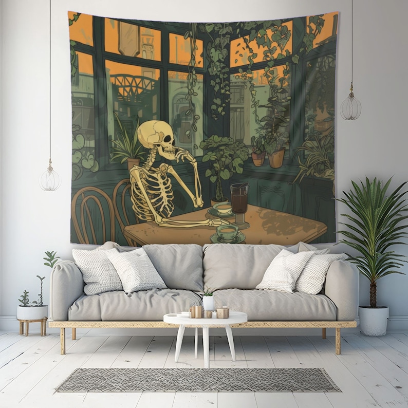 Skeleton Drinking Coffee in Paris Cafe Indoor Wall Tapestry, Cozy ...