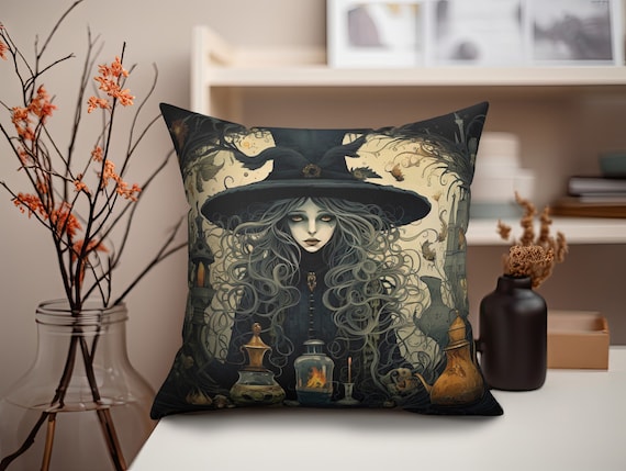 Herbal Witch Polyester Square Throw Pillow (3 Sizes), Witchy Occult Design, Spooky Nature Aesthetic Decor, Bedroom, Living Room & Dorm Room