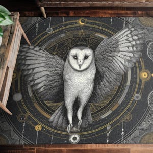 Tapete Observador das Esferas, Tapete de Chenille com Coruja-das-torres Mística e Gráfico de Alquimia, Decoração Boho Celestial para Quarto ou Escritório