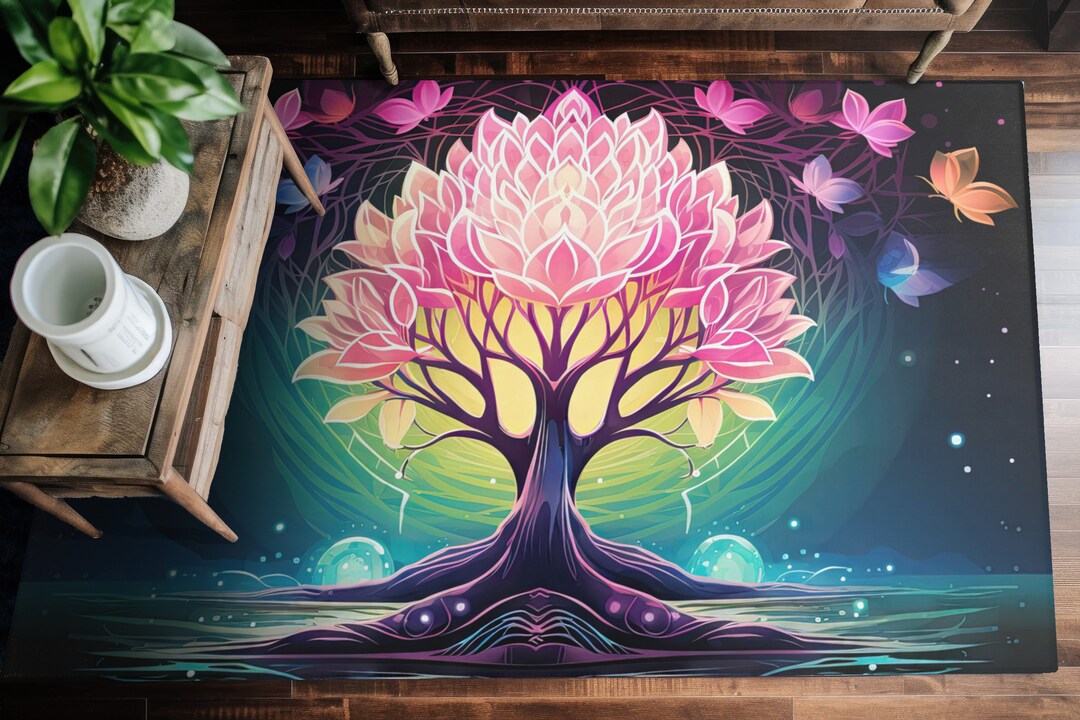 Lotus Flower Tree of Life Polyester Chenille Area Rug 3 Sizes Floral