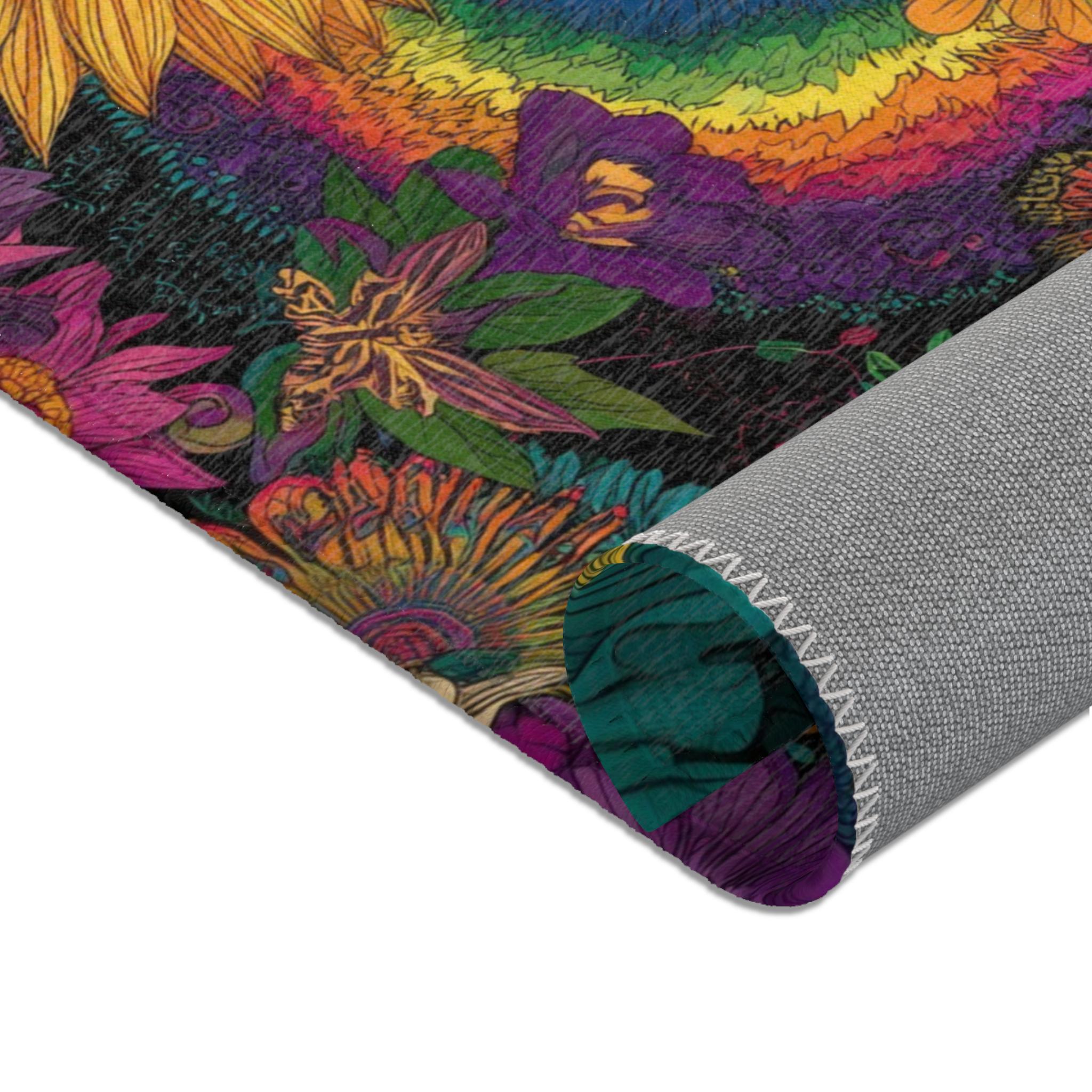Floral Peace Bloom Hippie Rug With Retro Flowers, Butterflies 