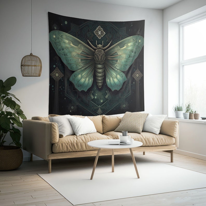 May include: A tapestry featuring a large, detailed illustration of a green and brown moth with intricate patterns on its wings. The moth is set against a dark background with a geometric design and stars.