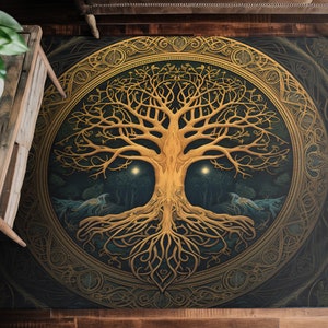 Gold Tree of Life Chenille Rectangular Area Rug, Ancient Occult Aesthetic, Spiritual Celtic Bedroom, Living Room & Meditation Space Decor