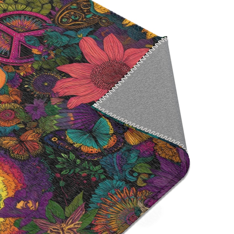 Peaceful Pattern Rugs Floral Peace Bloom Hippie Rug With Retro Flowers, Butterflies ...