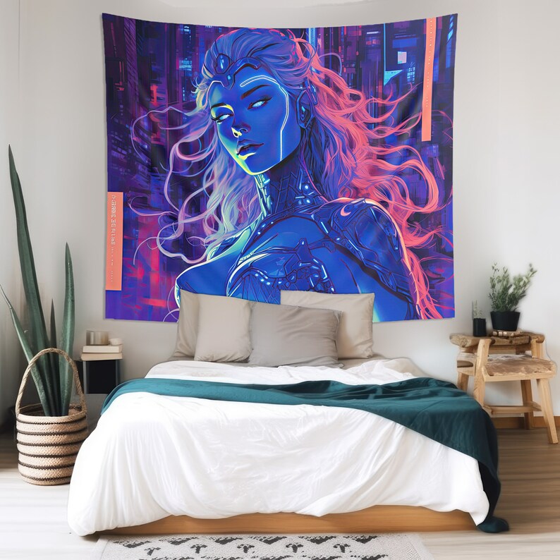 May include: A rectangular wall tapestry featuring a vibrant digital illustration of a person with flowing hair and glowing blue skin, set against a dark, neon-lit cityscape. The artwork incorporates shades of deep blue, magenta, and bright cyan.
