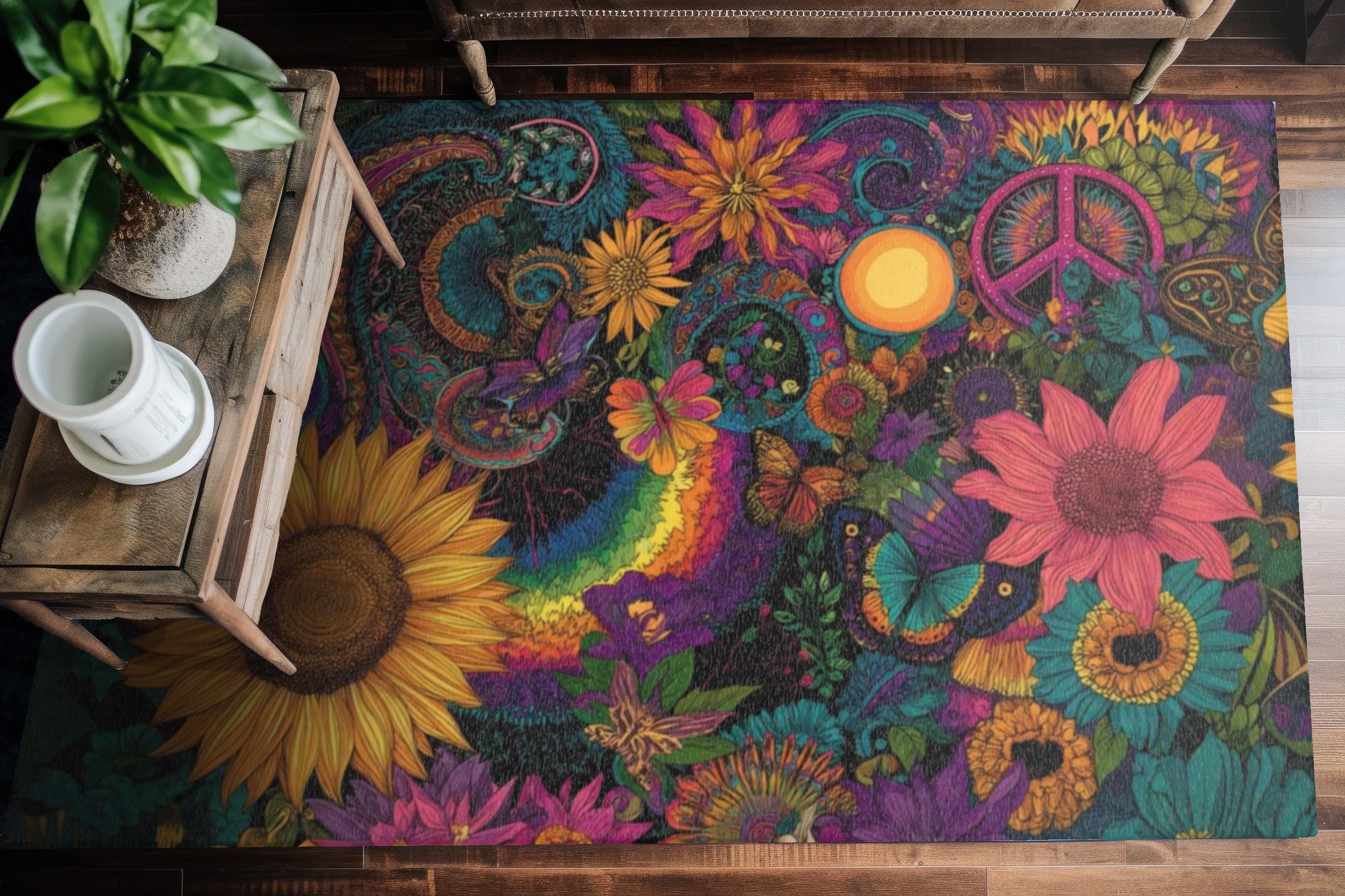 Peaceful Bloom Vintage Rug　120×180 Floral Peace Bloom Hippie Rug With Retro Flowers, Butterflies