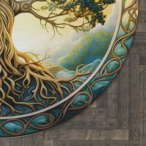 Celtic Tree of Life Chenille Large Round Area Rug, Nature Mandala Design, Ancient Spiritual Decor, Bedroom, Living Room & Meditation Space image 9