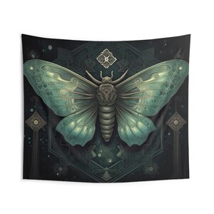 Glowing Moth Wall Tapestry Ancient Occult Aesthetic, Witchy Altar Cloth, Nature Lover Gift, Bedroom, Living Room & Meditation Space Decor image 2