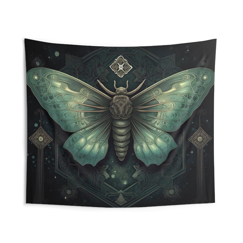 Glowing Moth Wall Tapestry Ancient Occult Aesthetic, Witchy Altar Cloth, Nature Lover Gift, Bedroom, Living Room & Meditation Space Decor image 2