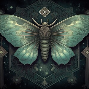 May include: A large, intricately patterned, green moth with a brown body against a dark green background with a geometric design.