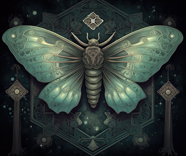 May include: A large, intricately patterned, green moth with a brown body against a dark green background with a geometric design.