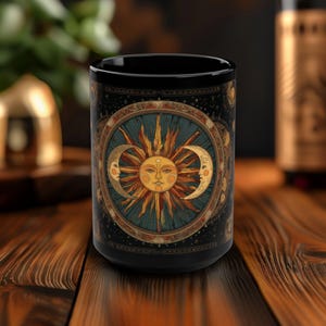 Celestial Harmony Sun & Moon Mug, 15oz Astrology Ceramic Cup, Glossy Boho Cosmic Coffee or Tea Mug, Dishwasher and Microwave Safe