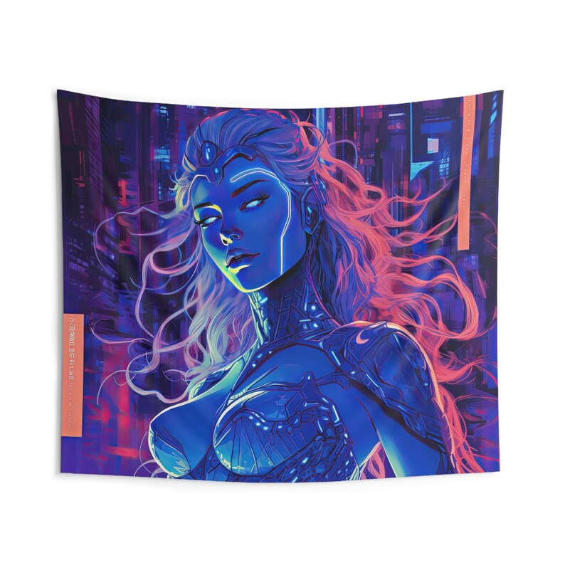 Techno Goddess Wall Tapestry: Cyberpunk Aesthetic, Android Style Wall Art, Celestial Altar Cloth , Multiple Sizes (36x26in - 104x88in) image 2