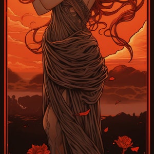 May include: A woman with long red hair holds a glowing orb in her hand. She is wearing a long, flowing black dress and is standing in a field of red flowers. The background is a sunset sky with clouds.