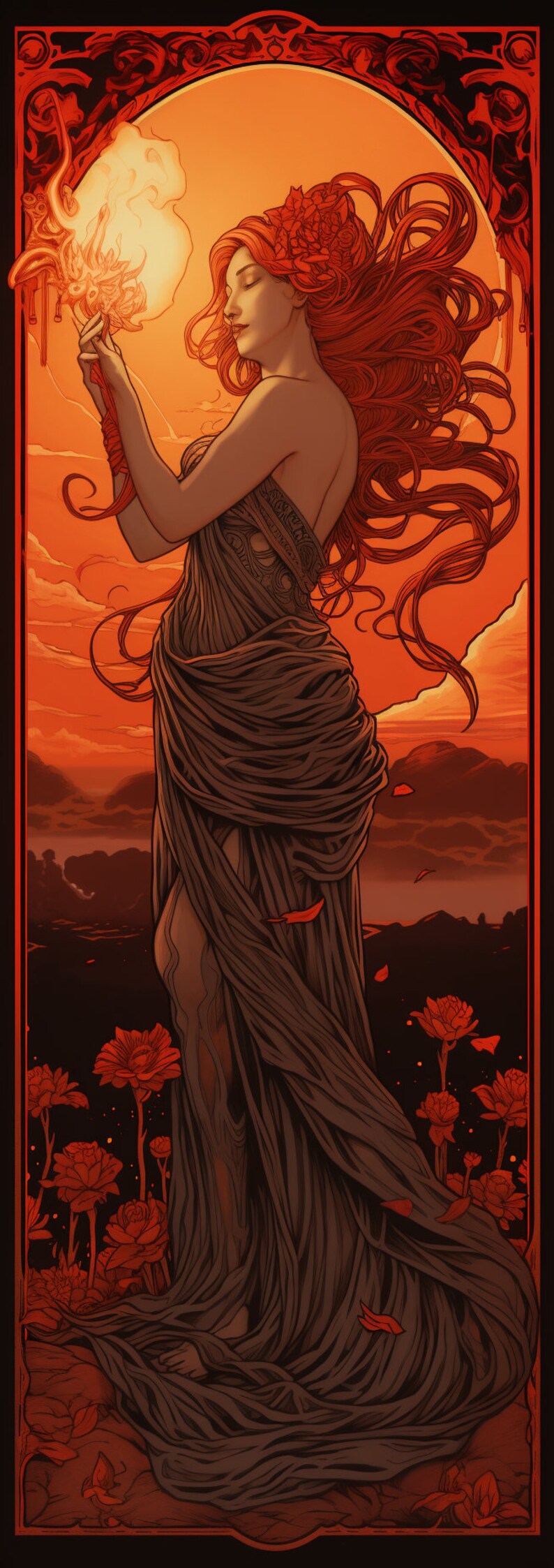 May include: A woman with long red hair holds a glowing orb in her hand. She is wearing a long, flowing black dress and is standing in a field of red flowers. The background is a sunset sky with clouds.