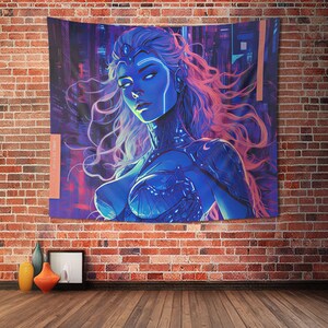 May include: A rectangular wall tapestry featuring a digital illustration of a figure with flowing hair, glowing blue skin, and intricate armor. The artwork uses a vibrant palette of neon blue, purple, and pink against a dark, urban background.