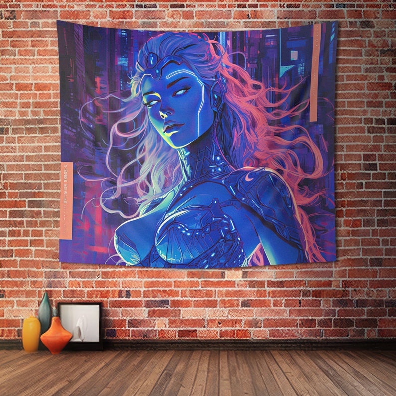 May include: A rectangular wall tapestry featuring a digital illustration of a figure with flowing hair, glowing blue skin, and intricate armor. The artwork uses a vibrant palette of neon blue, purple, and pink against a dark, urban background.