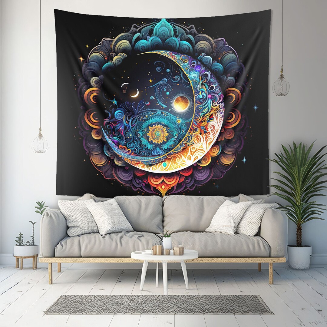 Crescent Moon Mandala Tapestry 100% Polyester Indoor Wall Tapestry ...