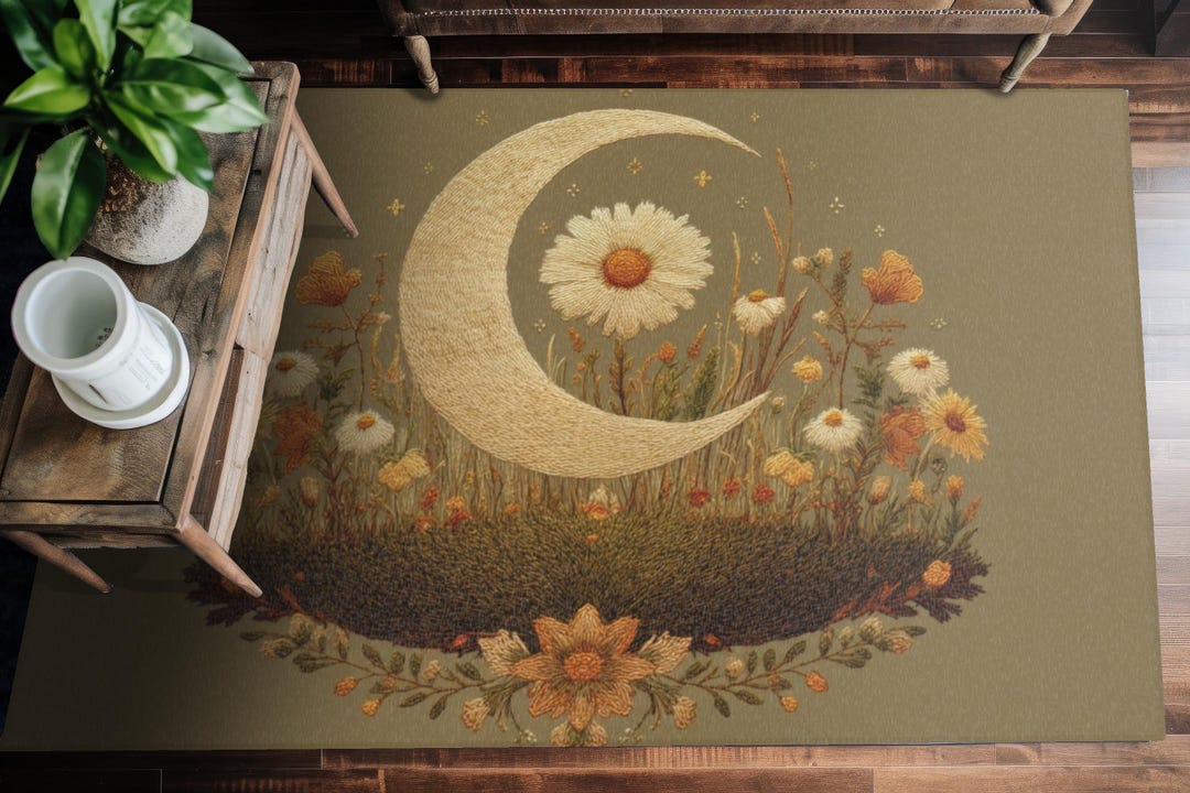 Moonlit Meadow Bloom Rug, Beige Floral Crescent Moon Area Rug, Boho ...