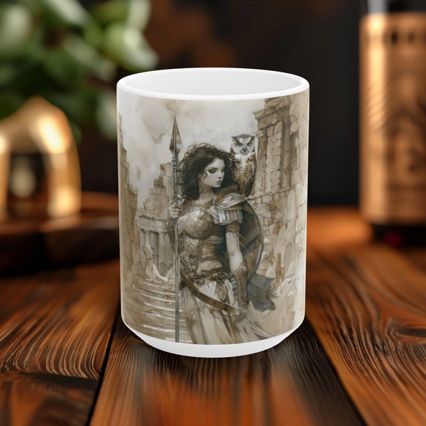 Athena's Wisdom 15oz White Ceramic Mug, Greek Warrior Goddess Art, Owl & Armor Design, Inspirational Beverage Experience, Mythical Elegance