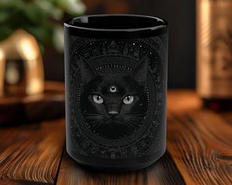 Caneca de gato místico do terceiro olho, xícara de cerâmica de gato preto de geometria sagrada de 15 oz, caneca de café ou chá boho brilhante e oculta, lavável na máquina de lavar louça e no micro-ondas