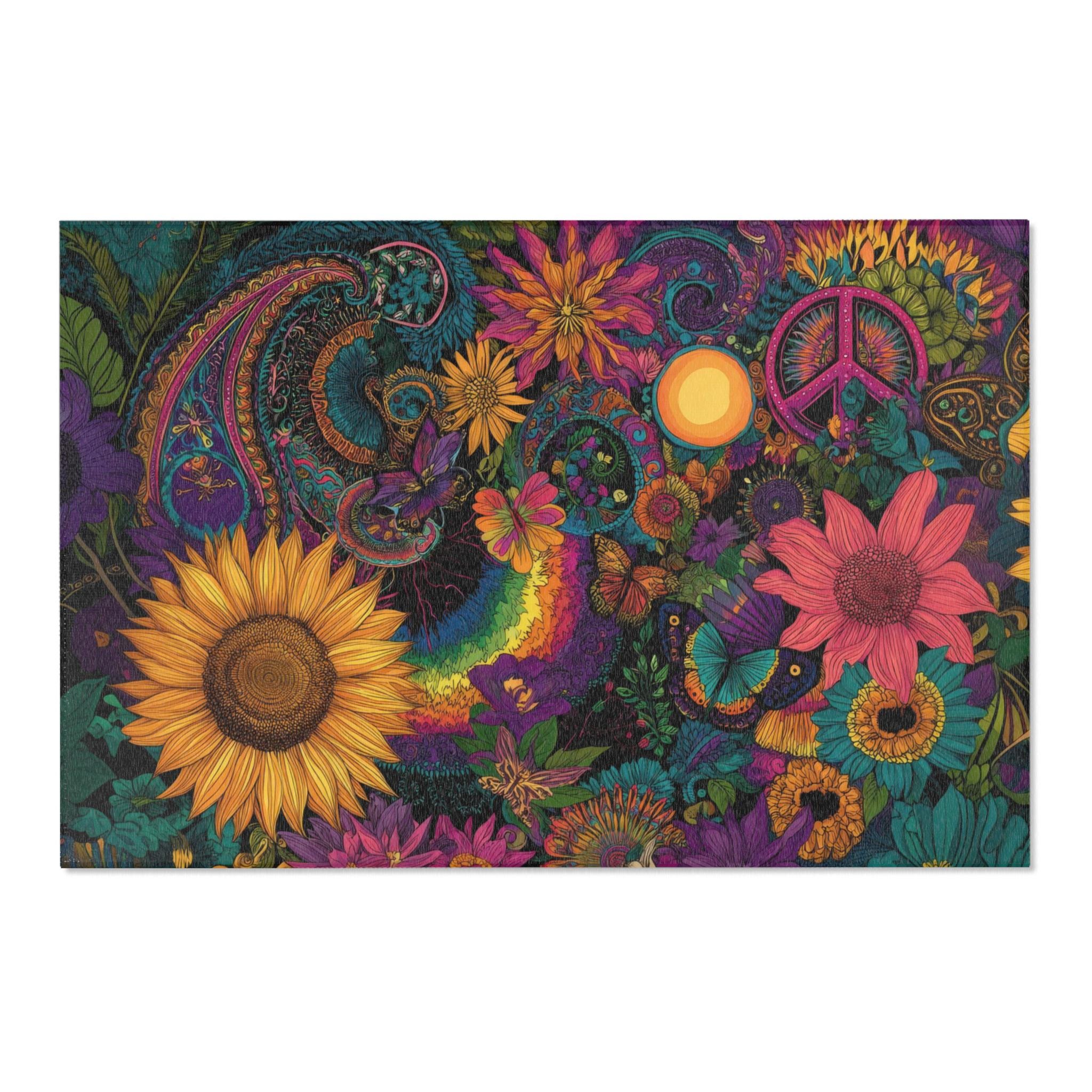 Floral Peace Bloom Hippie Rug With Retro Flowers, Butterflies