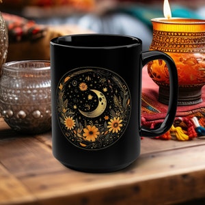 Gold Style Crescent Moon and Wildflower Coffee Mug, Dark Cottagecore Aesthetic, Spiritual Witchy Nature Lover Tea Mug, Gift For Her