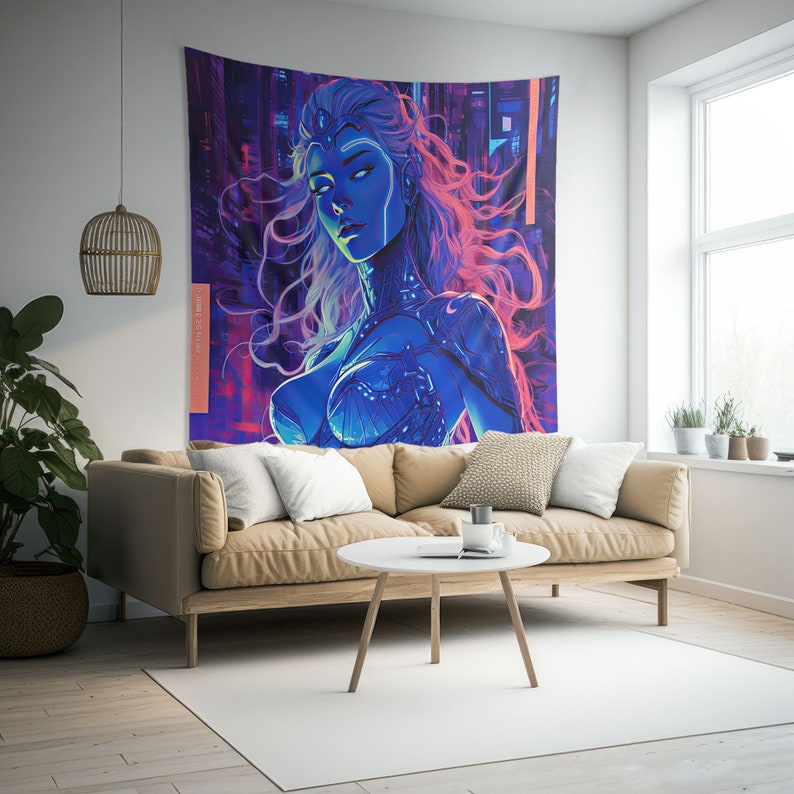 May include: A rectangular wall tapestry featuring a digital illustration of a figure with long flowing hair, rendered in vibrant shades of blue, purple, and pink neon light. The artwork displays a stylized character with glowing skin tones.