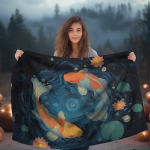 Cosmic Koi Reverie Pisces Throw Blanket - Double-Sided Plush Astrology Blanket with Water Sign Fish, Lotus Flowers, and Celestial Vibes