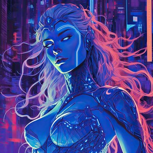 May include: A digital illustration of a figure with long flowing hair, glowing white eyes, and a metallic blue cybernetic suit. The background features a vibrant purple and blue cityscape with vertical text elements in a neon aesthetic.