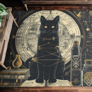 Black Cat & Spell Books Poliéster Chenille Area Rug (3 tamaños), Diseño oculto oscuro, Decoración estética de la habitación de geometría sagrada mística