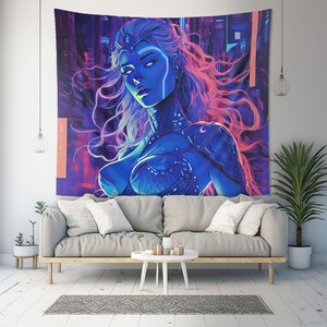 May include: A rectangular wall tapestry featuring a digital illustration of a figure with long flowing hair and glowing blue skin. The figure wears intricate blue armor against a dark purple and blue neon city background with vertical text elements.