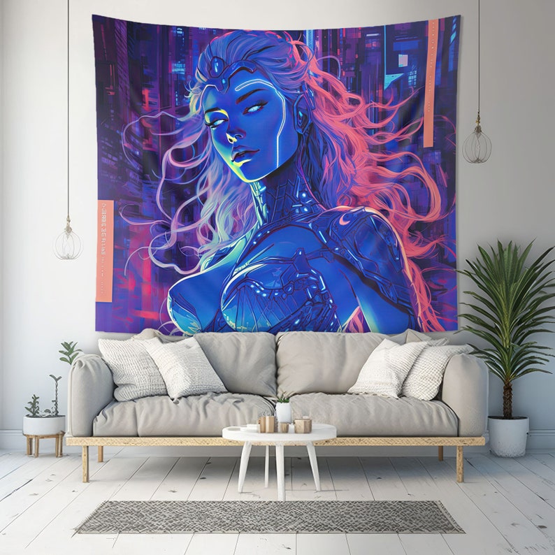 May include: A rectangular wall tapestry featuring a digital illustration of a figure with long flowing hair and glowing blue skin. The figure wears intricate blue armor against a dark purple and blue neon city background with vertical text elements.