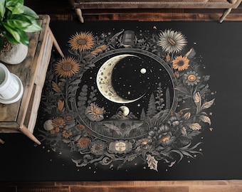 Wildflower and Crescent Moon Area Rug - 100% Polyester Chenille - Witchy Aesthetic - Moon Lovers Gift - Three Sizes Available - Cottagecore