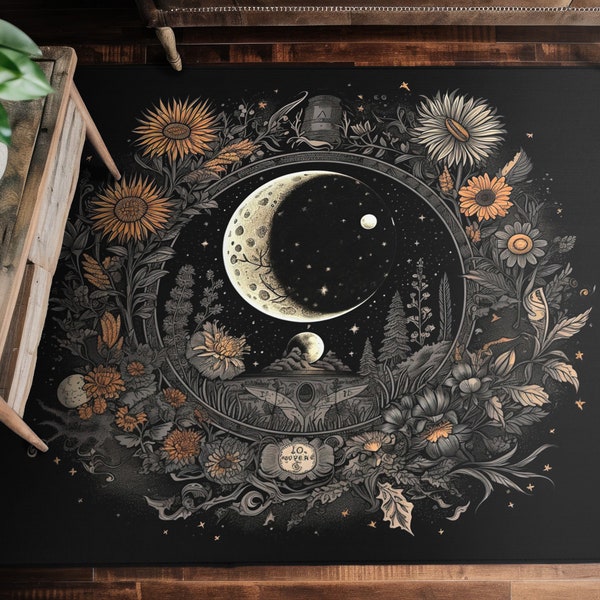 Wildflower and Crescent Moon Area Rug - 100% Polyester Chenille - Witchy Aesthetic - Moon Lovers Gift - Three Sizes Available - Cottagecore
