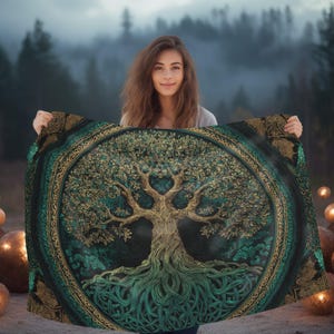 May include: A rectangular tapestry featuring a central circular design of a tree with intricate roots and branches. The artwork uses a color palette of deep teal, forest green, and metallic gold, framed by a decorative border with Celtic-inspired patterns.