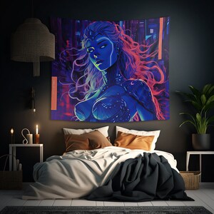 May include: A rectangular wall tapestry featuring a vibrant digital illustration of a person with flowing hair, rendered in shades of neon blue, purple, and pink. The artwork displays a futuristic aesthetic with glowing light accents and vertical text.