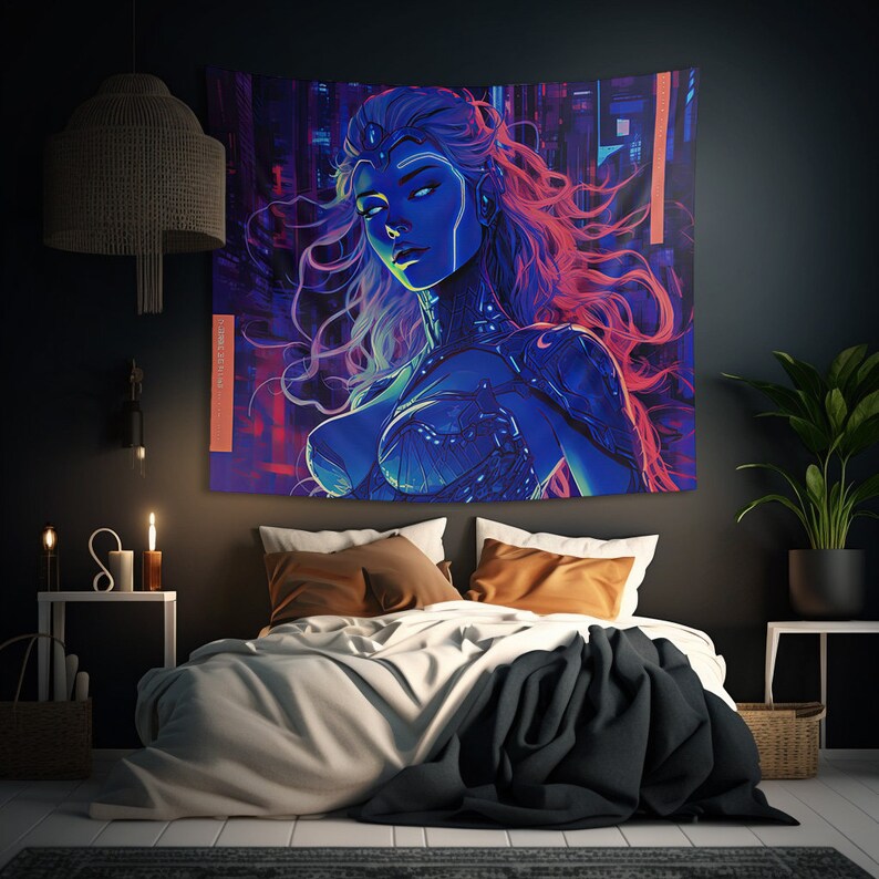May include: A rectangular wall tapestry featuring a vibrant digital illustration of a person with flowing hair, rendered in shades of neon blue, purple, and pink. The artwork displays a futuristic aesthetic with glowing light accents and vertical text.