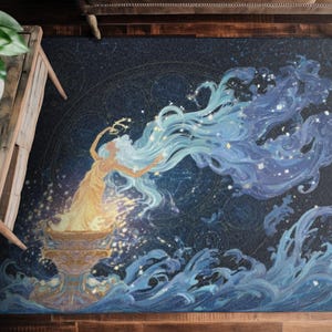 Aquarius Wassergöttin Astrologie Chenille Teppich - Mystischer Teppich mit Sternbildern & Wellen für Boho, Celestial oder verträumtes Wohndekor