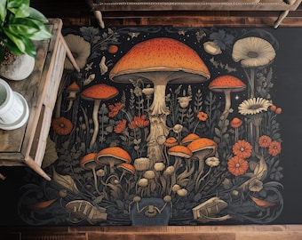 Mushrooms and Wildflowers Chenille Area Rug Dark Cottagecore Aesthetic, Witchy Gothic Bedroom, Living Room & Meditation Space Decor